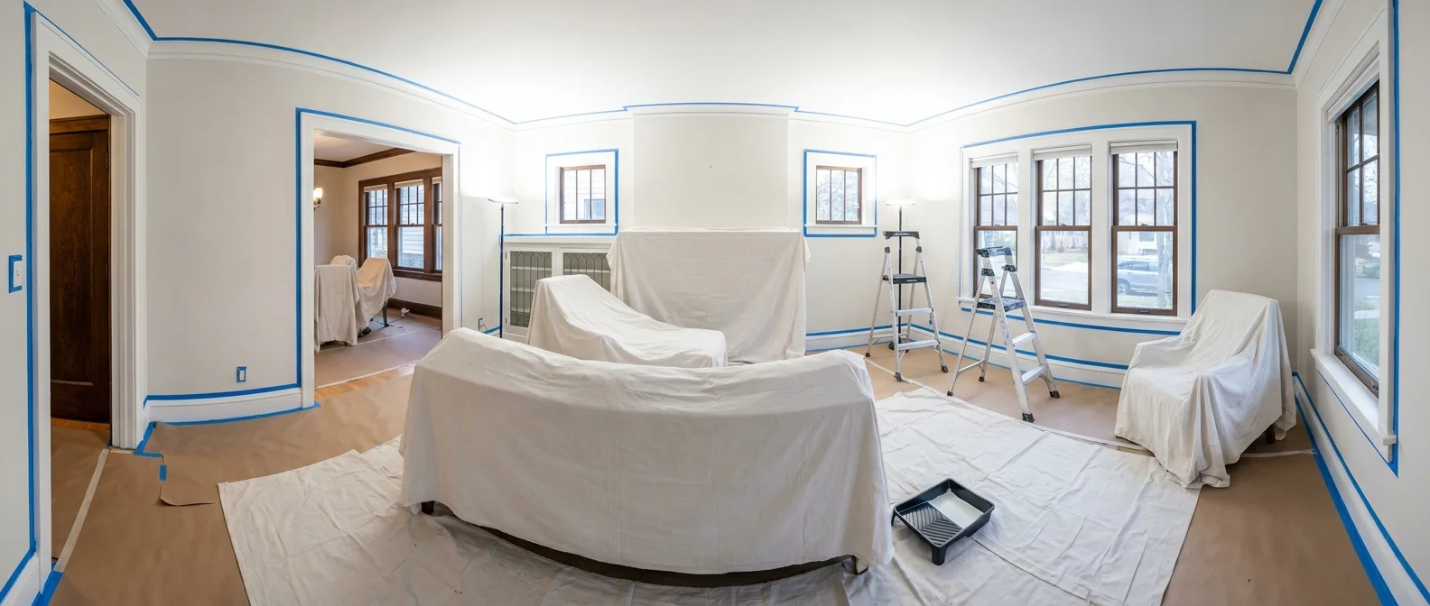 Interior painting and preparation in progress with blue painter's tape masking, drop cloths, and ladders throughout a residential room with multiple windows.