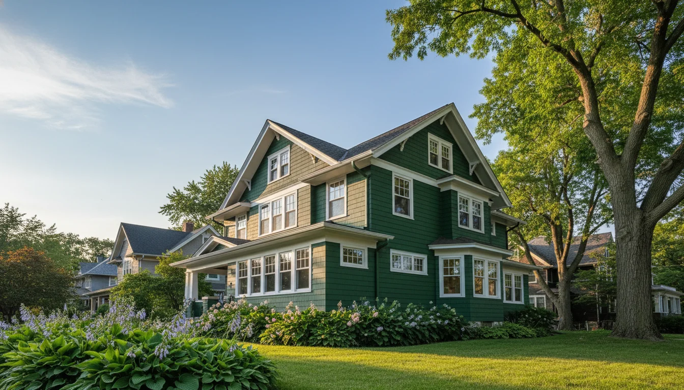 Multiple white-trimmed windows on a green craftsman-style home exterior with manicured landscaping and mature trees.