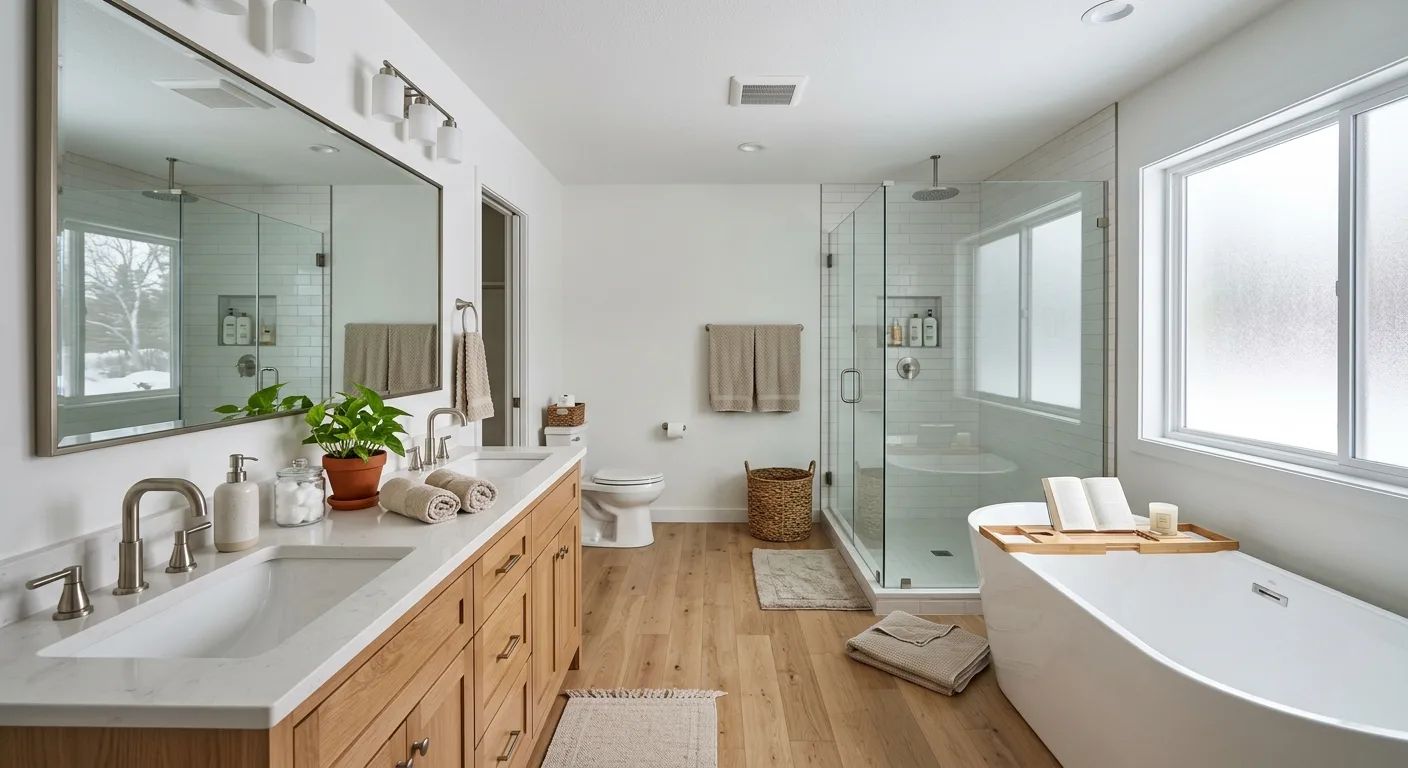 Tile floor set over a rigid, waterproofed subfloor in a remodeled bathroom in Eau Claire, WI