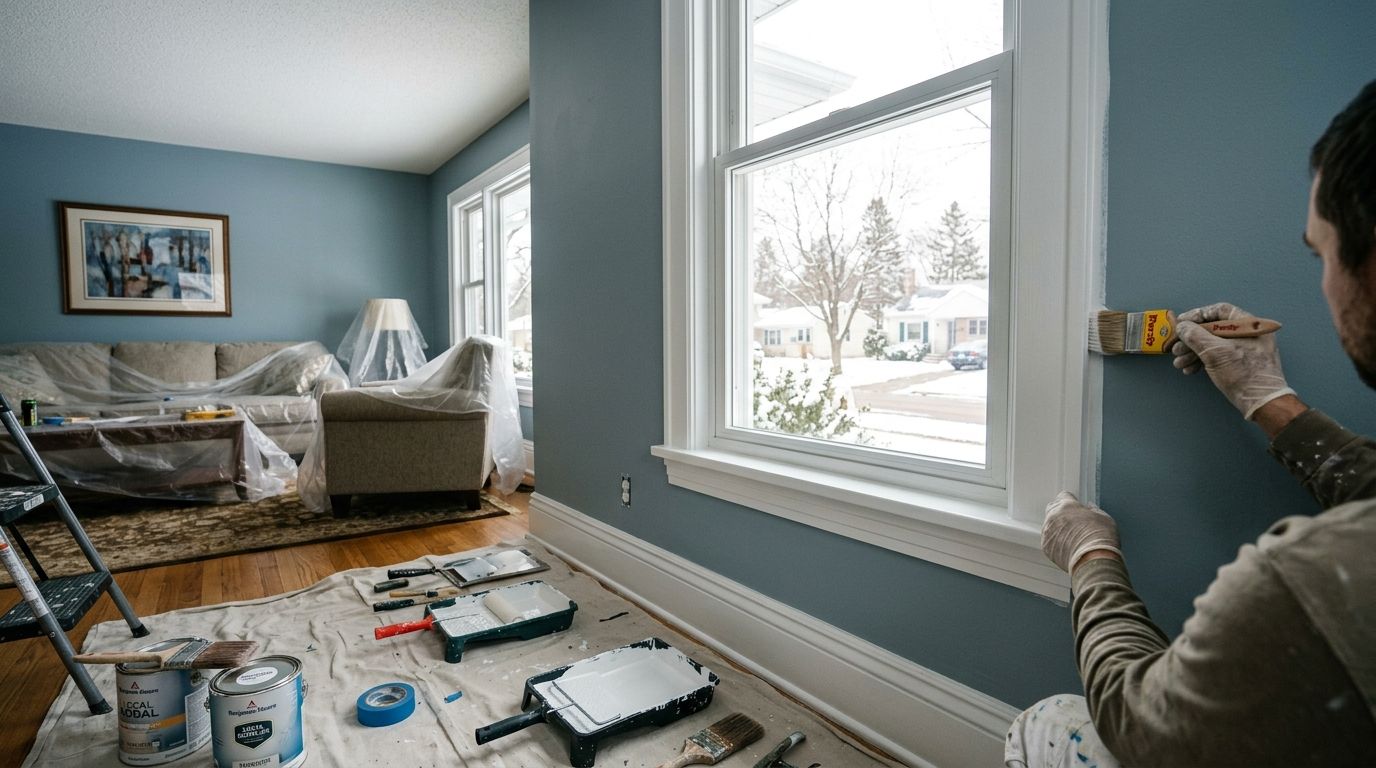 Freshly painted interior living room with crisp trim lines, interior painting in Eau Claire, WI