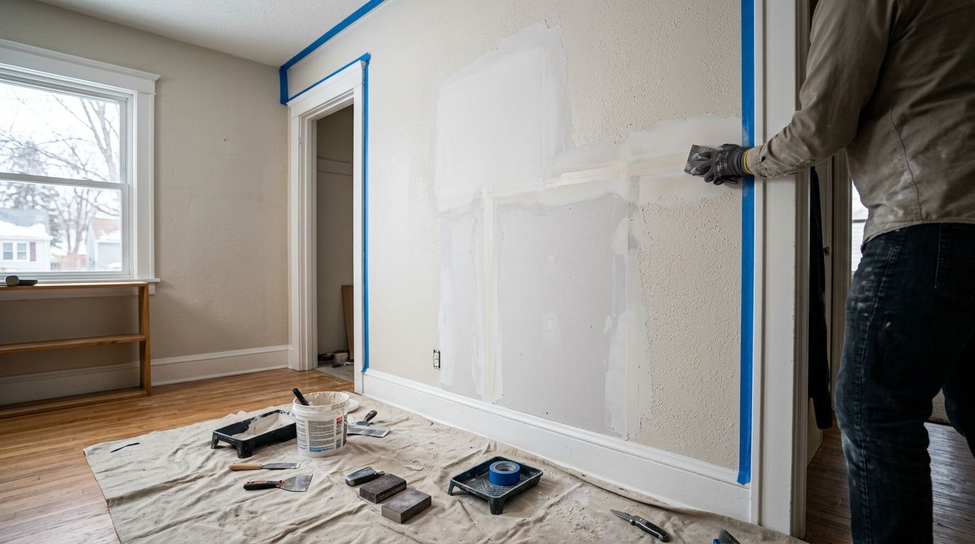Patched drywall and taped trim prepped before interior painting in Eau Claire, WI